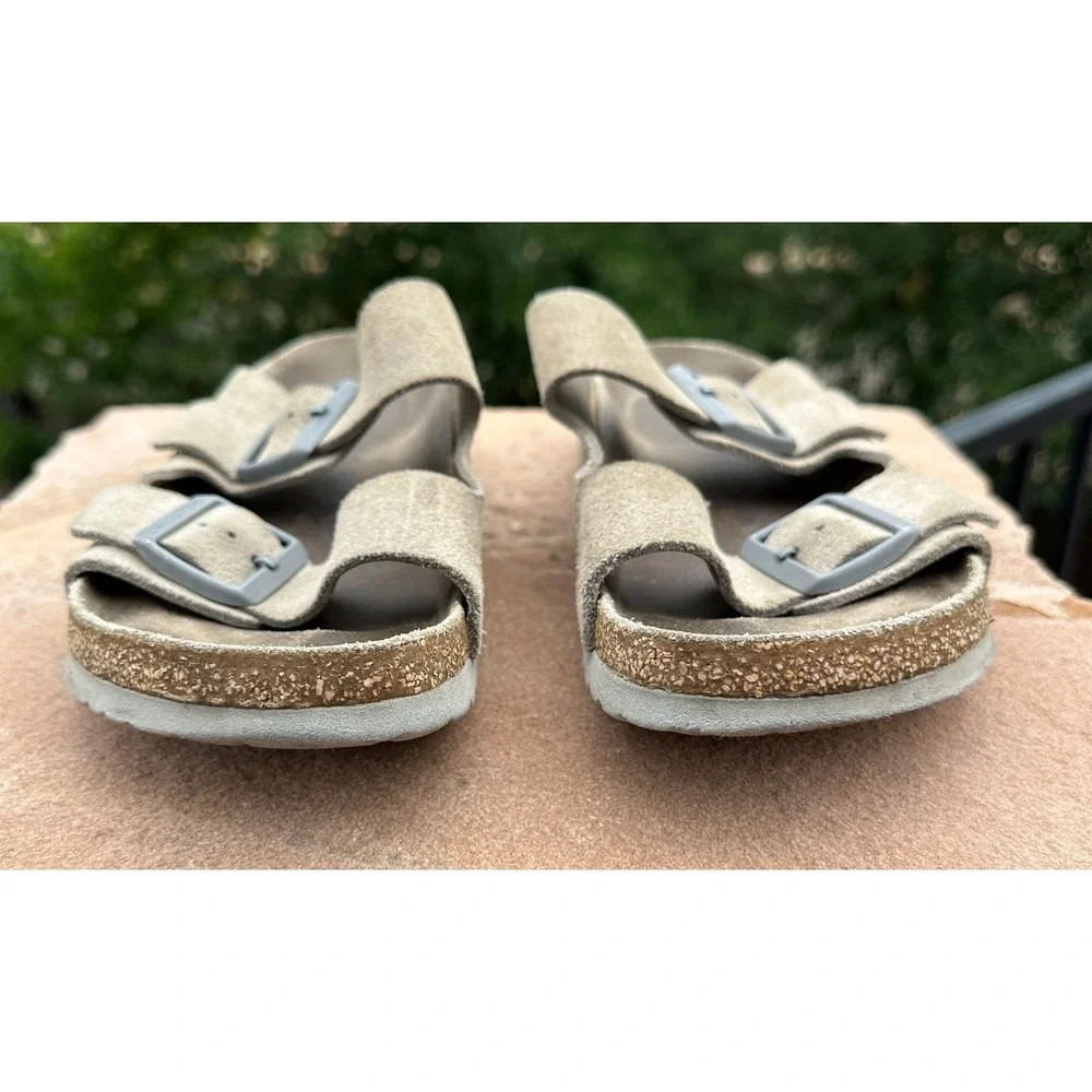 Birkenstock Arizona Sandals 41 Taupe Suede Men Slide Cork Footbed Comfort Buckle